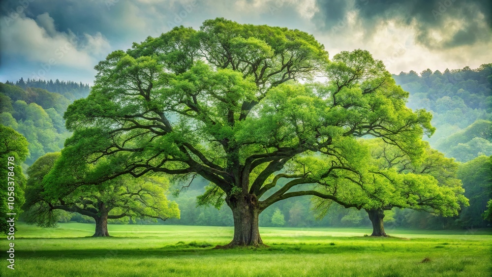 Aged oak trees standing solitary amidst vast expanse of emerald green forest, nature, outdoor settings, forest, oak tree Aged oak trees standing solitary amidst vast expanse of emerald green forest, nature, outdoor settings, forest, oak tree