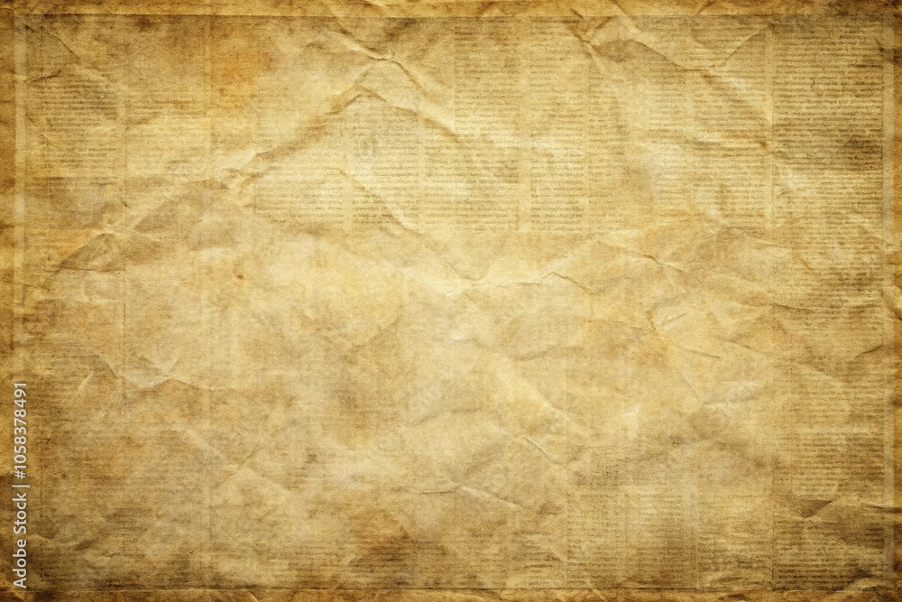 Aged newspaper page with worn and creased texture, yellowed edges, and a subtle sheen, creased, newsprint, aged paper, vintage, rough