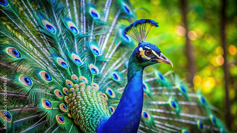 6. A brilliant blue peacock spreading its majestic tail feathers, with a blurred green forest background, a realistic photo image. 6. A brilliant blue peacock spreading its majestic tail feathers, with a blurred green forest background, a realistic photo image.