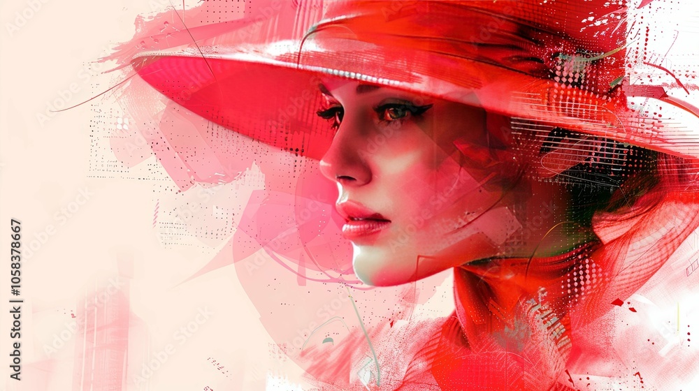 Obraz premium Woman in a Vibrant Red Hat Capturing the Essence of Horse Racing Fashion at the Melbourne Cup in Australia, Portrayed in Retro Vintage Digital Art