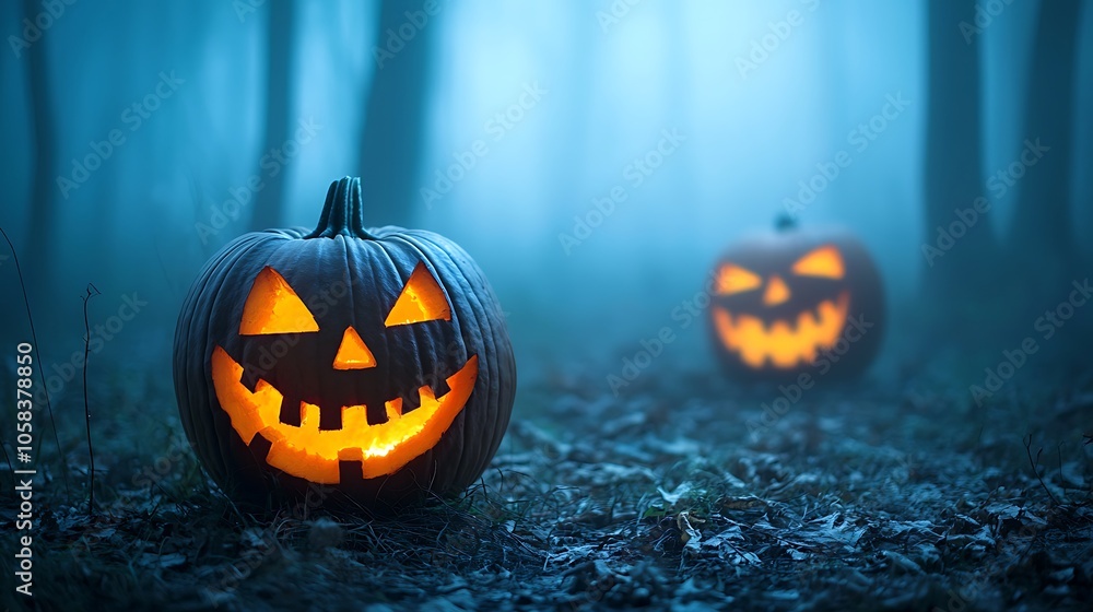 Spooky halloween night glowing jack-o'-lanterns in a foggy forest setting Spooky halloween night glowing jack-o'-lanterns in a foggy forest setting