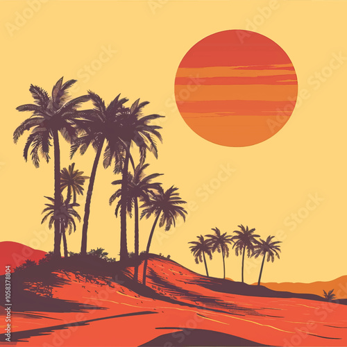 A desert oasis with palm trees. silhouette illustration