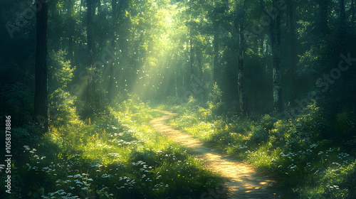 Narrow Pathway Winding Through a Dense Forest, Sunlight Filtering Through Leaves and Creating a Serene, Mystical Atmosphere 