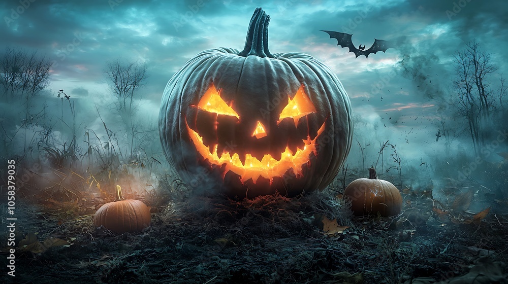 Spooky halloween pumpkin with grinning face surrounded by fog and bats in a mysterious landscape Spooky halloween pumpkin with grinning face surrounded by fog and bats in a mysterious landscape