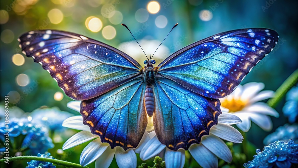 10. A gorgeous royal blue butterfly perched on a delicate flower petal, its iridescent wings glistening in the morning dew, a realistic photo image. 10. A gorgeous royal blue butterfly perched on a delicate flower petal, its iridescent wings glistening in the morning dew, a realistic photo image.