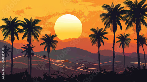 A desert oasis with palm trees. silhouette illustration