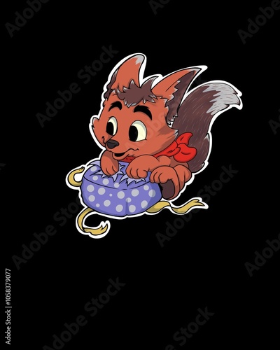 Winter animal opening Christmas present 