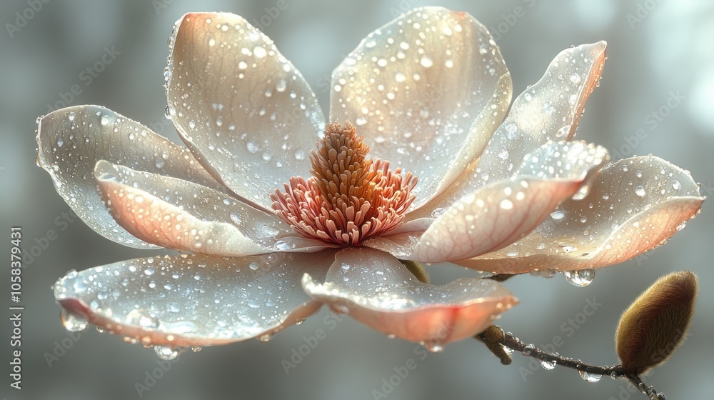 A close-up of a delicate magnolia flower with water droplets. A close-up of a delicate magnolia flower with water droplets.