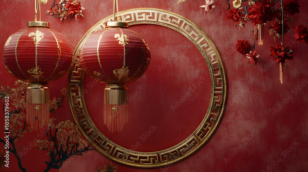 Chinese New Year design with large red and gold circular frame as centerpiece for festive decor Chinese New Year design with large red and gold circular frame as centerpiece for festive decor