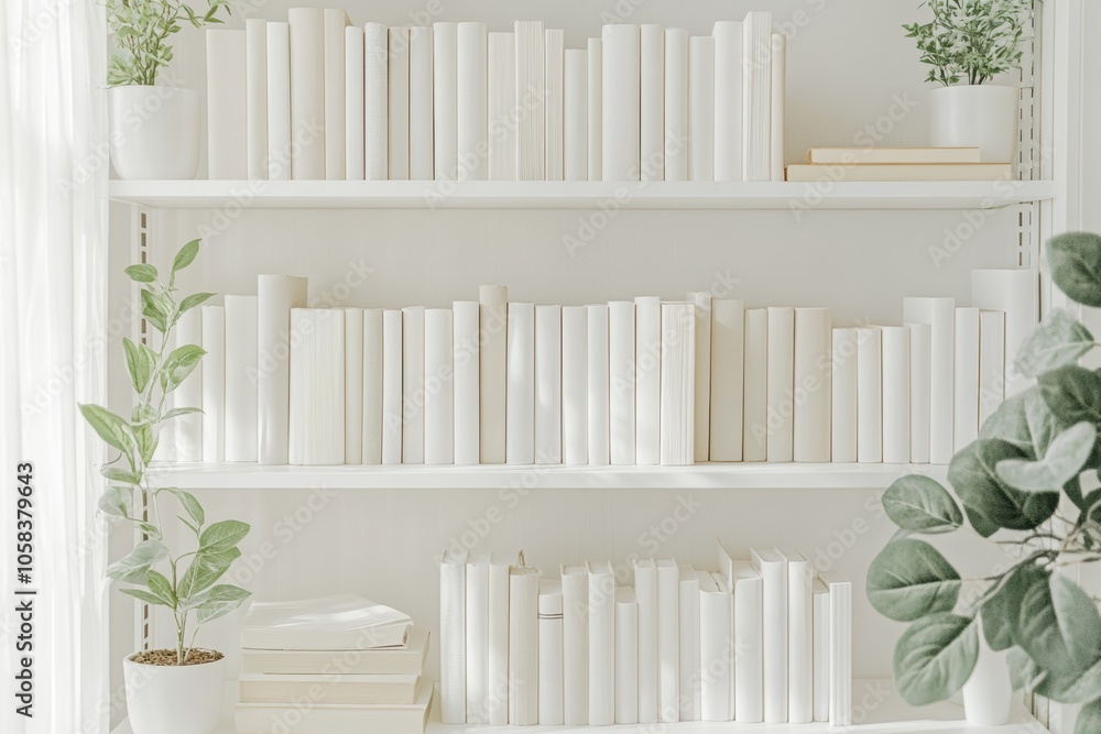 A clean and modern bookshelf filled with white books arranged neatly, complemented by small A clean and modern bookshelf filled with white books arranged neatly, complemented by small