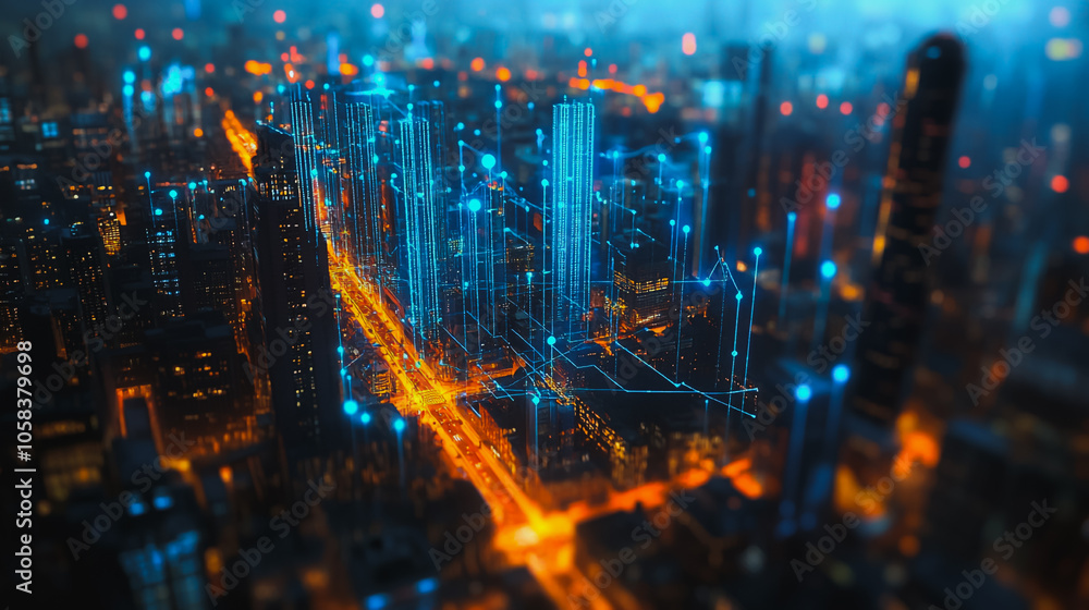 Smart digital Innovation city with connection network reciprocity over the cityscape. of future smart wireless digital city and social media networking systems that connects people with in city Smart digital Innovation city with connection network reciprocity over the cityscape. of future smart wireless digital city and social media networking systems that connects people with in city