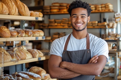 A cheerful young man wearing an apron stands confidently with his arms crossed inside a bakery