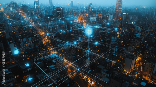 Smart digital Innovation city with connection network reciprocity over the cityscape. of future smart wireless digital city and social media networking systems that connects people with in city