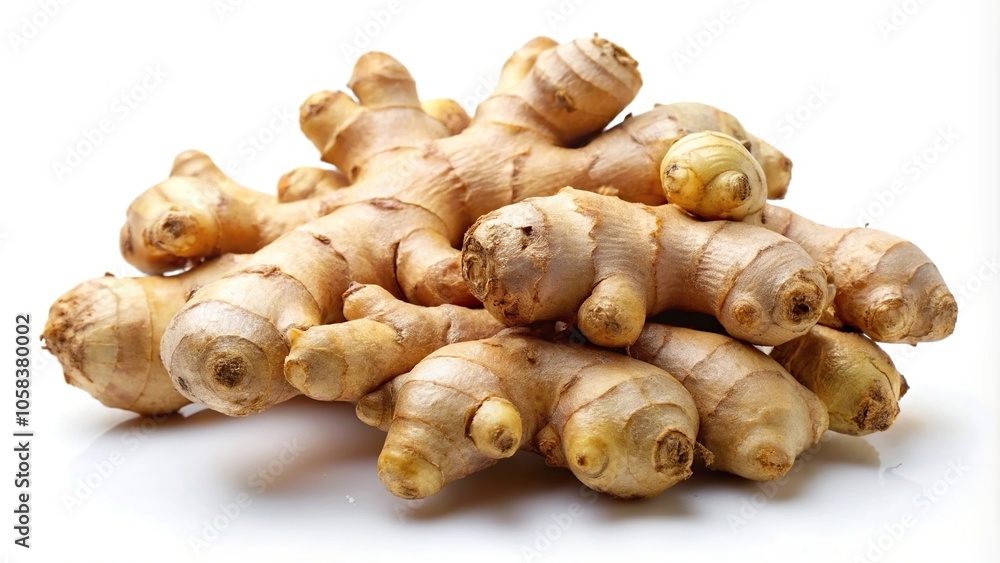 Fresh organic ginger root on white background at tilted angle Fresh organic ginger root on white background at tilted angle