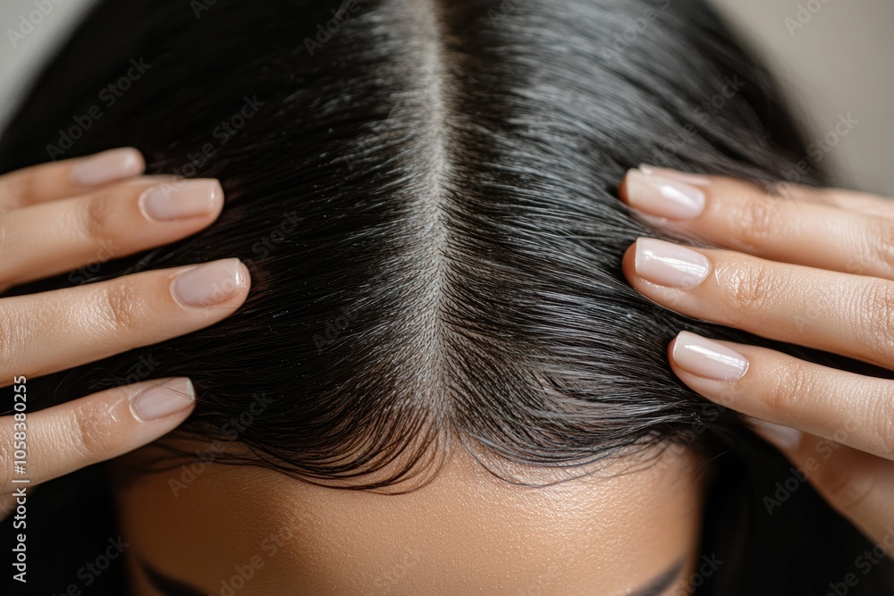 Naklejka premium A close-up of a woman's hands gently touching the top of her scalp, showing her clean