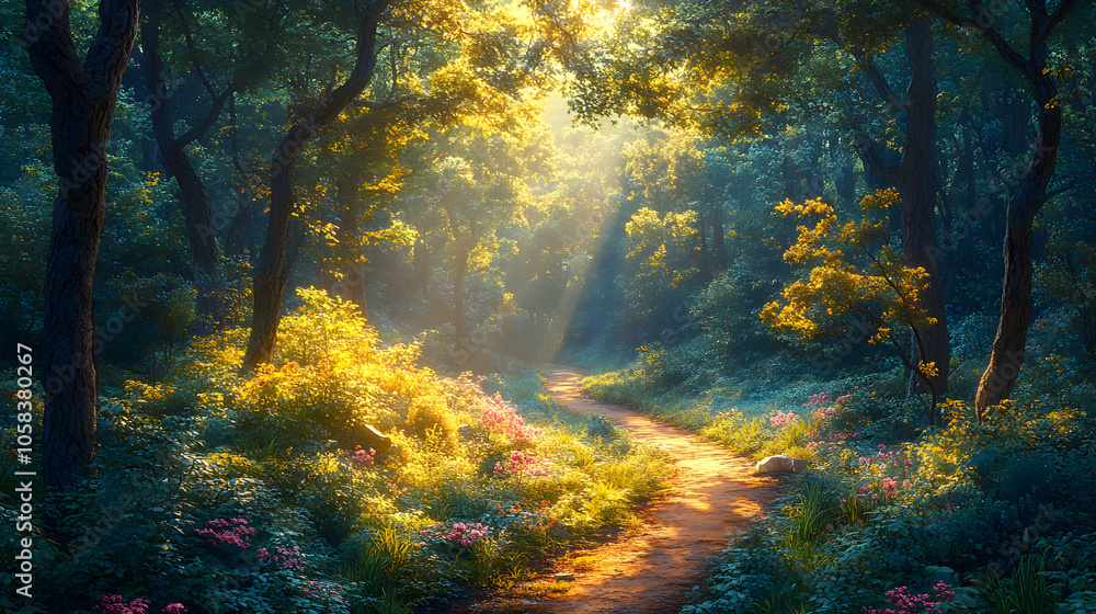 Narrow Pathway Winding Through a Dense Forest, Sunlight Filtering Through Leaves and Creating a Serene, Mystical Atmosphere
Narrow Pathway Winding Through a Dense Forest, Sunlight Filtering Through Leaves and Creating a Serene, Mystical Atmosphere