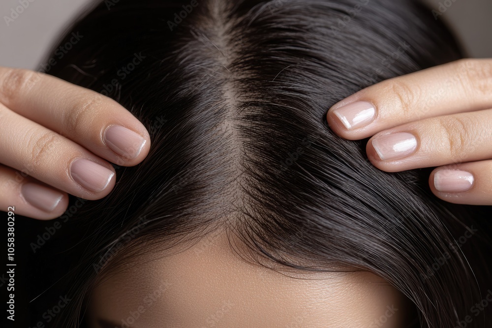 Naklejka premium A close-up of a woman's hands gently touching the top of her scalp, showing her clean