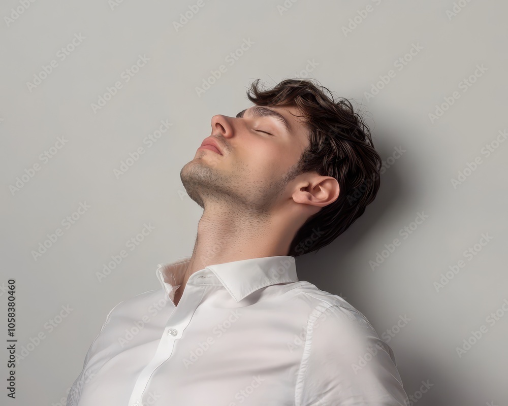 Man resting head on hands, eyes closed, isolated on white background, depicting corporate burnout Man resting head on hands, eyes closed, isolated on white background, depicting corporate burnout