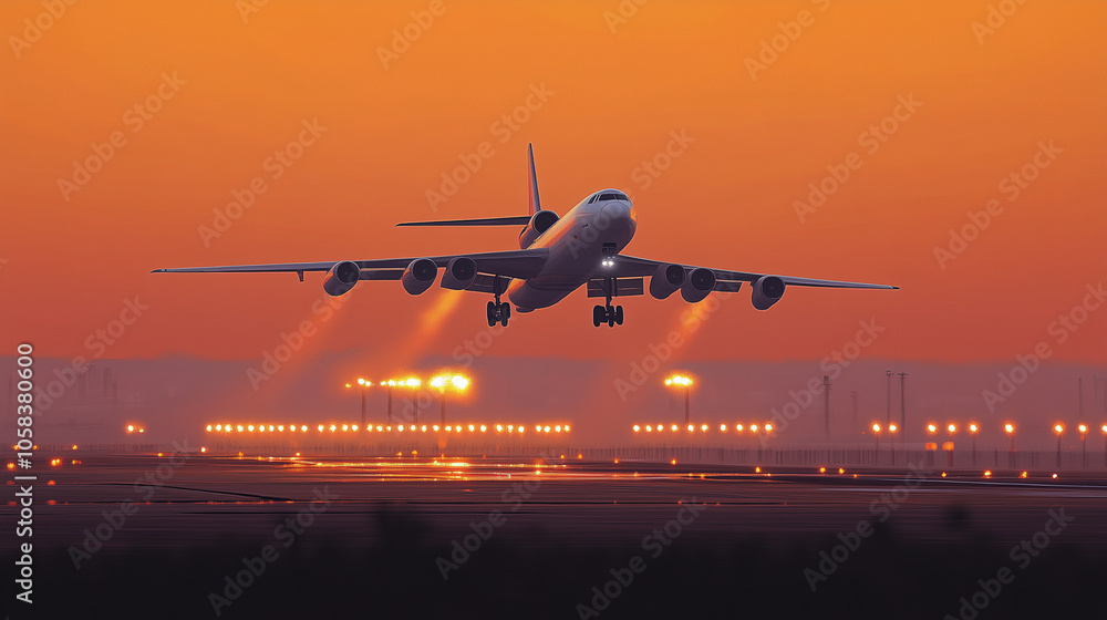 Sunset Landing: Airplane Taking Off at Dusk Sunset Landing: Airplane Taking Off at Dusk