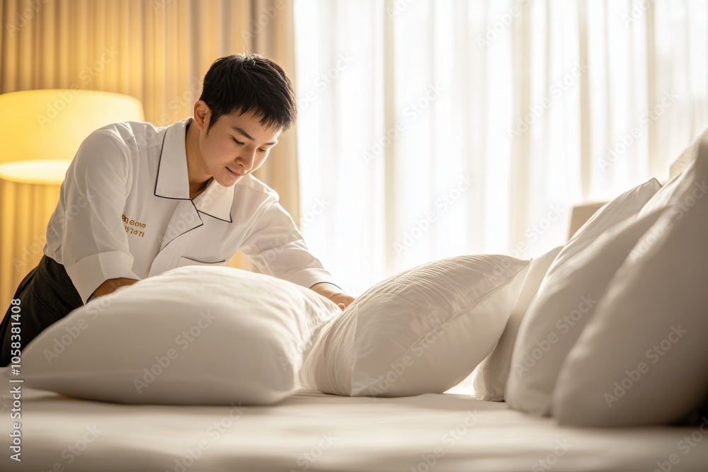A dedicated hotel housekeeper in a uniform is carefully arranging pillows while making a bed A dedicated hotel housekeeper in a uniform is carefully arranging pillows while making a bed