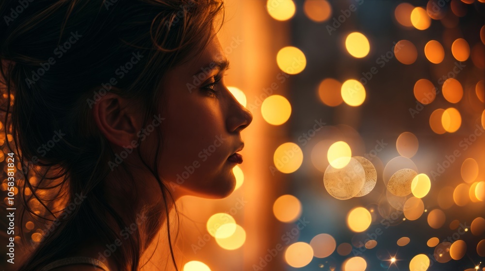A close-up profile of a woman’s face illuminated by warm, glowing bokeh lights in the background, creating a dreamy, intimate scene.. A close-up profile of a woman’s face illuminated by warm, glowing bokeh lights in the background, creating a dreamy, intimate scene..