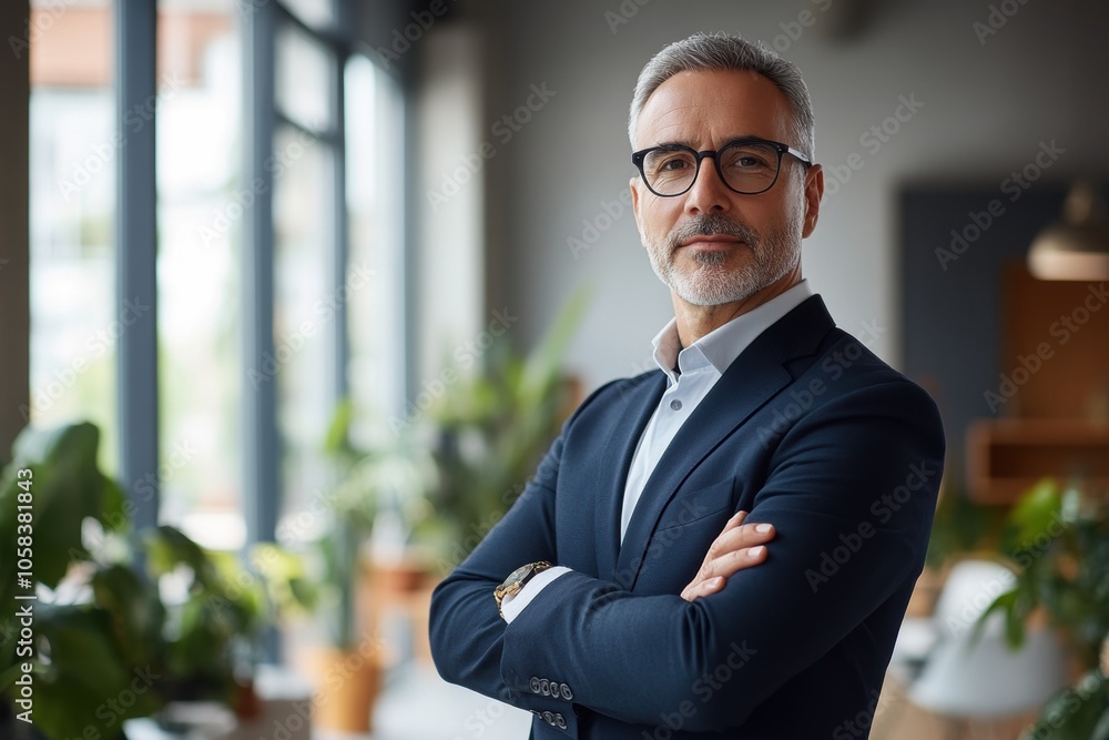 A distinguished middle-aged businessman with salt-and-pepper hair stands confidently A distinguished middle-aged businessman with salt-and-pepper hair stands confidently