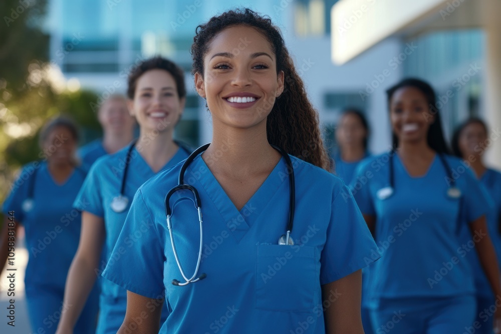 A diverse group of nurses, dressed in matching blue scrubs, walk together confidently outside A diverse group of nurses, dressed in matching blue scrubs, walk together confidently outside