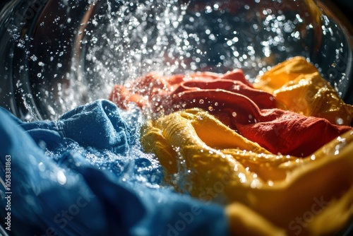 A dynamic, close-up shot of clothes tumbling inside a washing machine during a rinse cycle