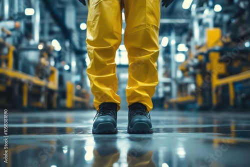 A factory worker in bright yellow protective clothing stands in the center of a large industrial