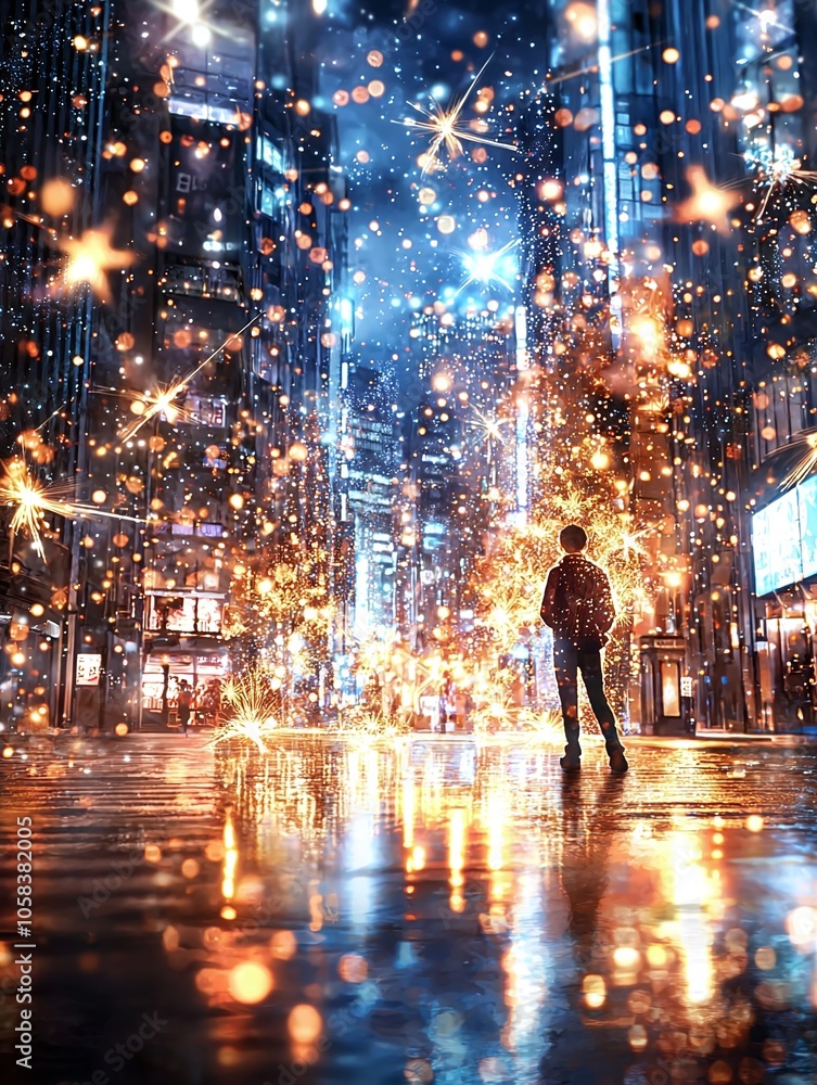 Man in a city of lights. Man in a city of lights.