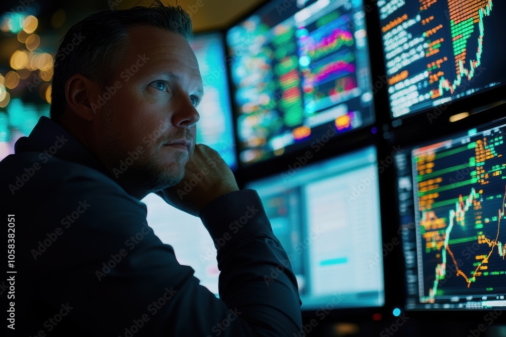 A focused man sits in a dimly lit room, staring intently at multiple screens displaying stock A focused man sits in a dimly lit room, staring intently at multiple screens displaying stock