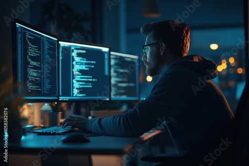 A focused man sits in a dimly lit room, staring intently at multiple screens displaying stock photo