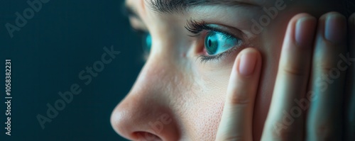 close up of person face showing wincing expression with blue eyes photo