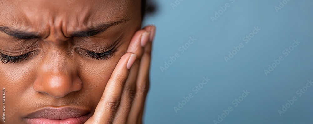 Close up of person wincing in pain, hand on face, emotional expression Close up of person wincing in pain, hand on face, emotional expression