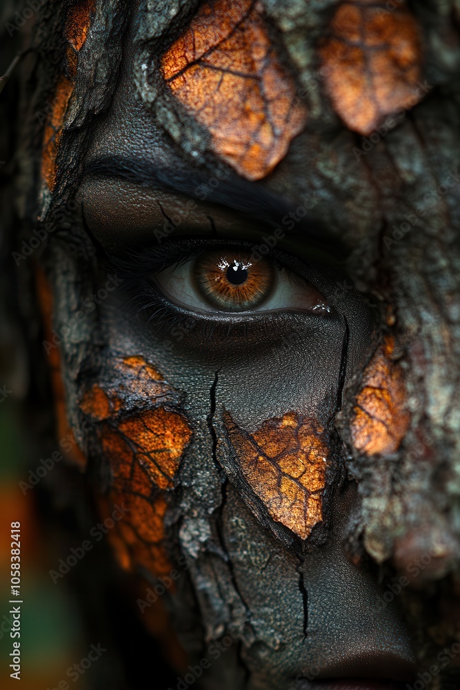close up of face camouflaged with bark and autumn leaves, evoking nature beauty close up of face camouflaged with bark and autumn leaves, evoking nature beauty