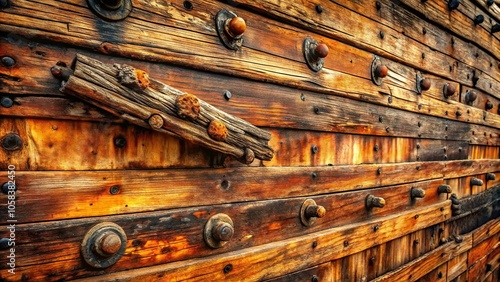 9. Weathered, burnt umber-toned wooden planks of an old, sailing ship's hull, with rusty, metal accents, a realistic photo image. photo