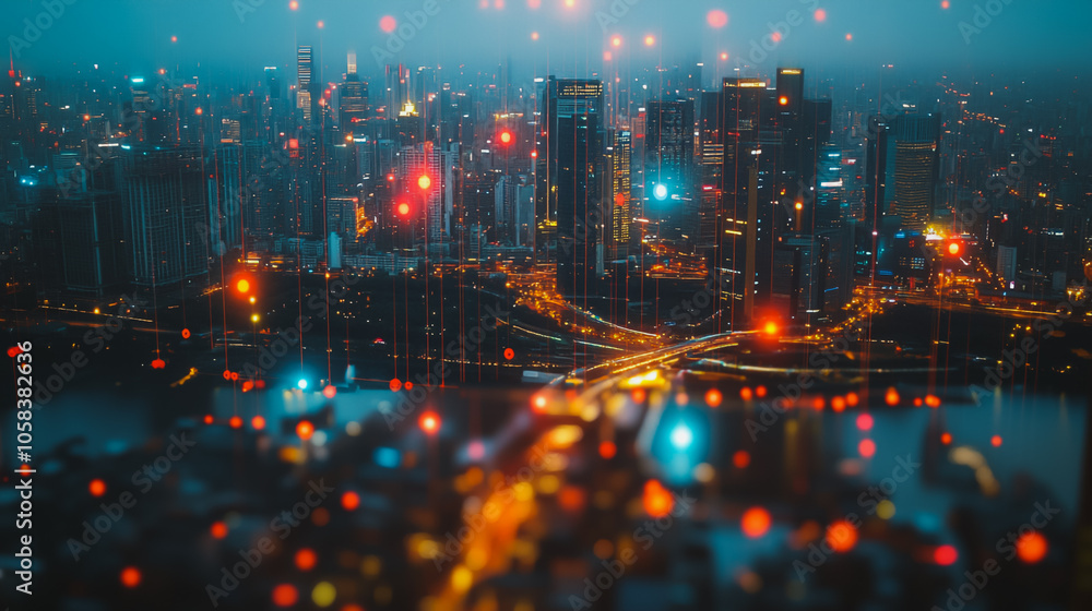 Fototapeta premium Smart digital Innovation city with connection network reciprocity over the cityscape. of future smart wireless digital city and social media networking systems that connects people with in city