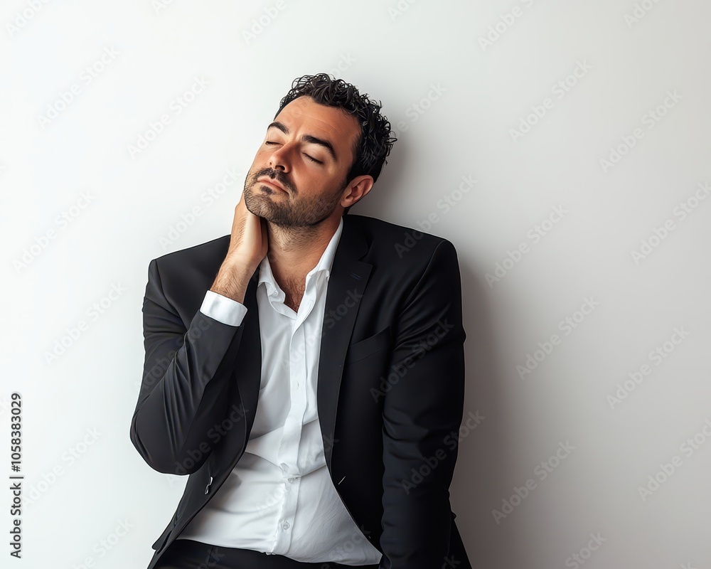 Man in suit, leaning on hand, visibly worn out, pure white background, concept of business fatigue Man in suit, leaning on hand, visibly worn out, pure white background, concept of business fatigue
