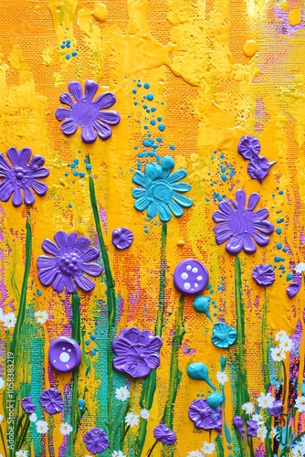 Handprint flower garden, springtime colors, cheerful kid's art project, paint texture