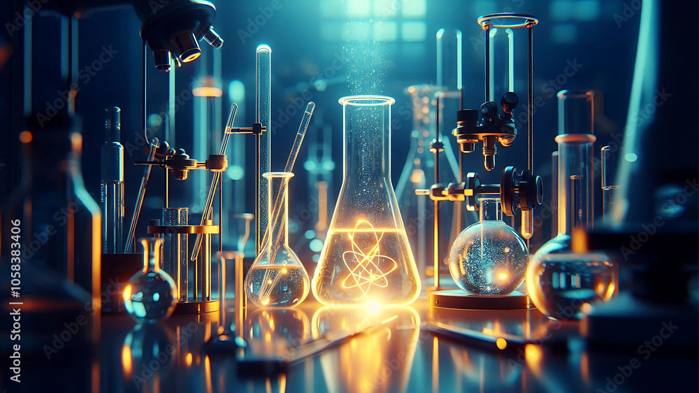 Close-up image of a scientific lab with glowing beakers and test tubes. Close-up image of a scientific lab with glowing beakers and test tubes.