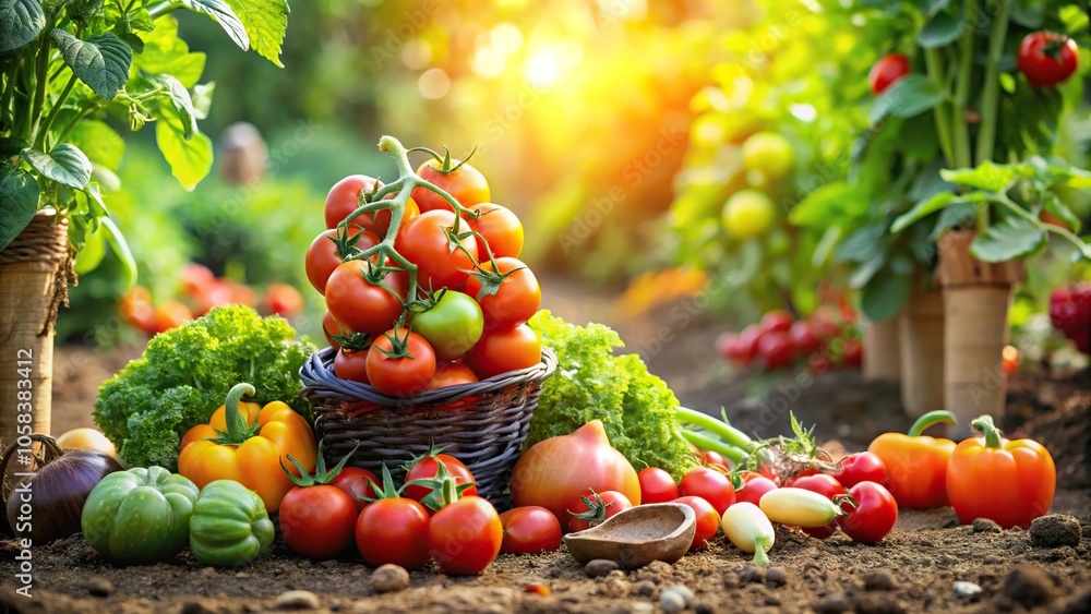 A tomato plant growing in a large garden filled with various other fruits and vegetables, branches, foliage A tomato plant growing in a large garden filled with various other fruits and vegetables, branches, foliage