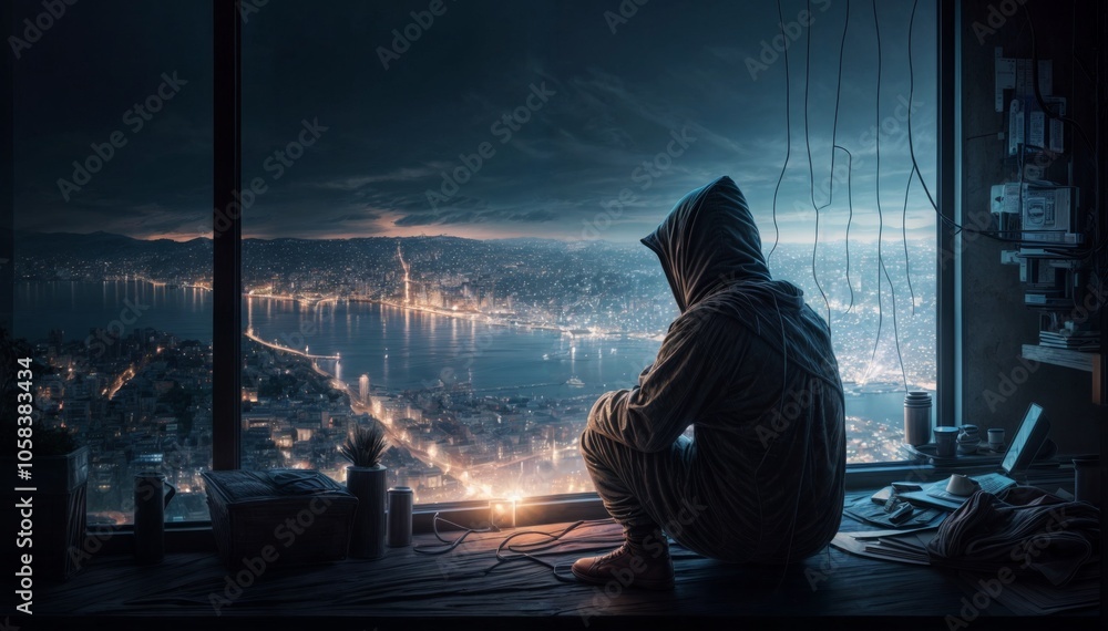 A mysterious hooded figure sits by a large window, gazing at a sprawling city skyline lit up at night, evoking a sense of isolation.. A mysterious hooded figure sits by a large window, gazing at a sprawling city skyline lit up at night, evoking a sense of isolation..