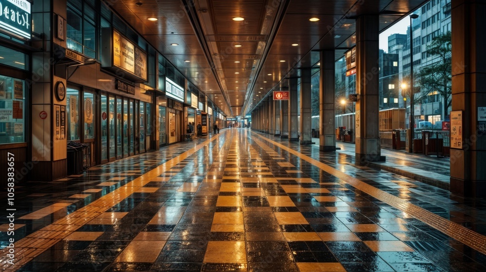 Fototapeta premium A long, empty shopping corridor with a wet reflective floor, illuminated by soft lights, gives off a tranquil, nighttime urban vibe..