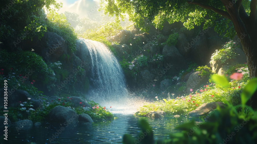 Serene Waterfall in Enchanted Forest Landscape Serene Waterfall in Enchanted Forest Landscape