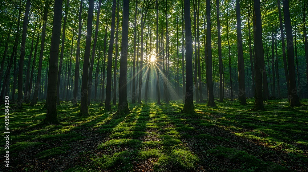 Sunbeams Through Trees in a Forest. Illustration background for presentation Sunbeams Through Trees in a Forest. Illustration background for presentation