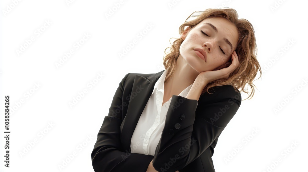 Professional woman visibly exhausted, leaning on one hand, isolated white background, business fatigue Professional woman visibly exhausted, leaning on one hand, isolated white background, business fatigue