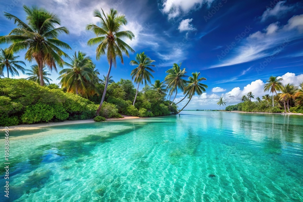 A stunning turquoise lagoon with swaying palm trees and clear waters, outdoor relaxation, coastal scene, blue water A stunning turquoise lagoon with swaying palm trees and clear waters, outdoor relaxation, coastal scene, blue water