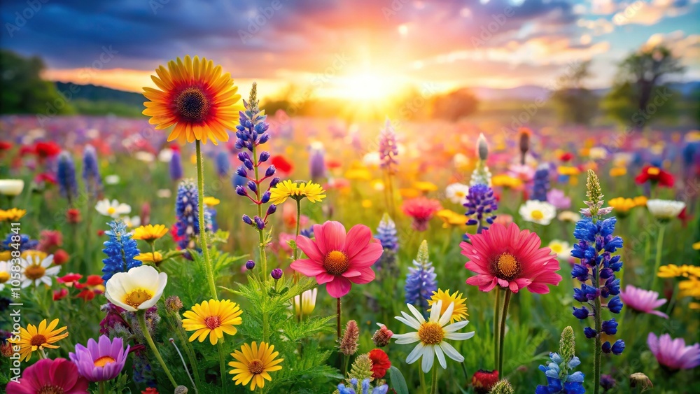 A stunning spring wildflower field with vibrant colors and delicate petals, flower field, new life A stunning spring wildflower field with vibrant colors and delicate petals, flower field, new life