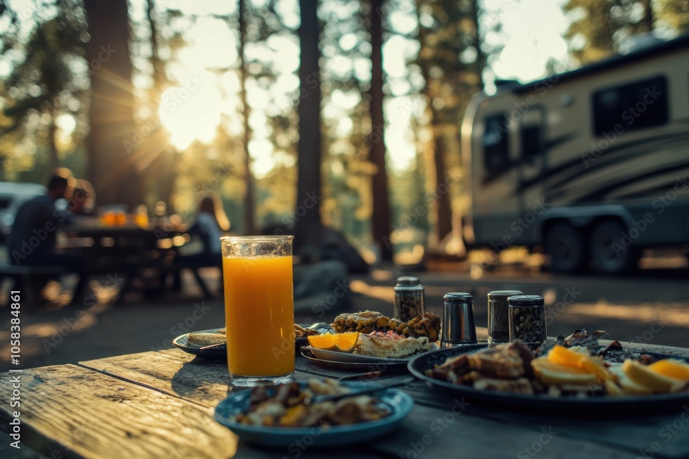 A peaceful campsite morning scene with a picnic table set for breakfast, including a glass A peaceful campsite morning scene with a picnic table set for breakfast, including a glass