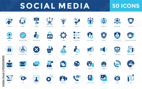 Social Media icon set with influencer, blogger, vlogger, content creator, creator, creative, curator, moderator, administrator, verification icon. Simple flat vector 
